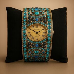 Heidi Daus Teal Crystal Cuff Watch – Art Deco Vintage Glamour – Statement Design